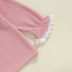 Baby Toddler Girls 3Pcs Waffle Set Lace Trim Long Sleeve Ruffled Top Elastic Waist Long Pants Hairband Outfit