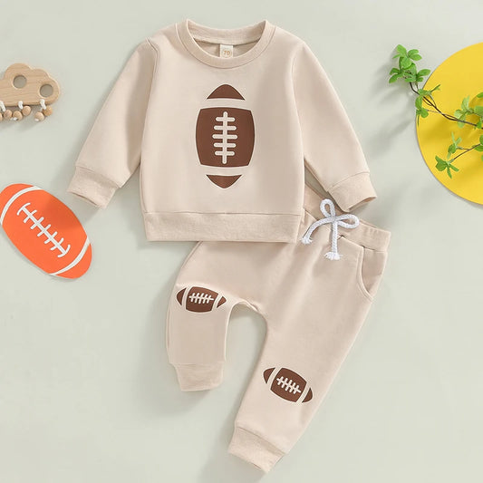 Baby Toddler Boys Girls 2Pcs Football Print Long Sleeve Round Neck Top Drawstring Pockets Long Pants Outfit Set