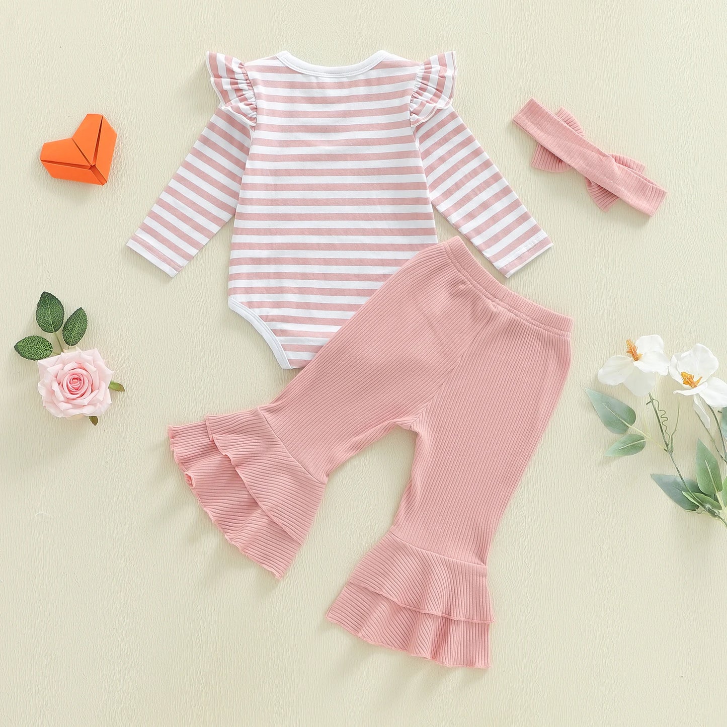 Baby Girls 3Pcs Spring Outfit Long Sleeve Striped Romper with Flare Pants and Headband Clothing Set