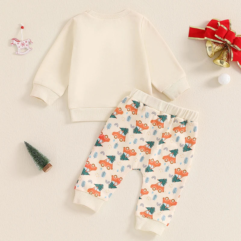 Baby Toddler Boys Girls 2Pcs Merry & Bright Christmas Outfit Letter Tree Print Crew Neck Long Sleeve Top Pants Set