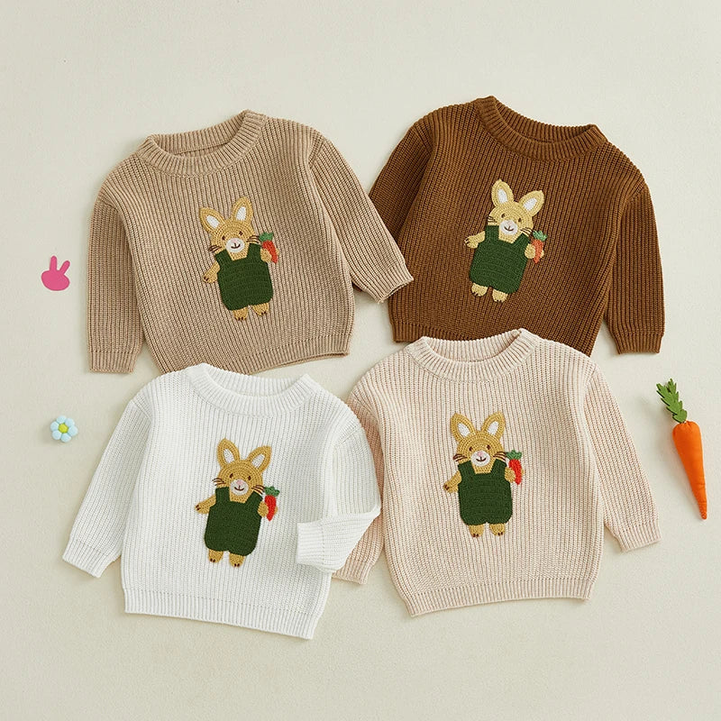 Baby Toddler Kids Girls Boys Pullover Sweater Casual Long Sleeve Easter Bunny Rabbit Embroidery Knitwear Knit Top