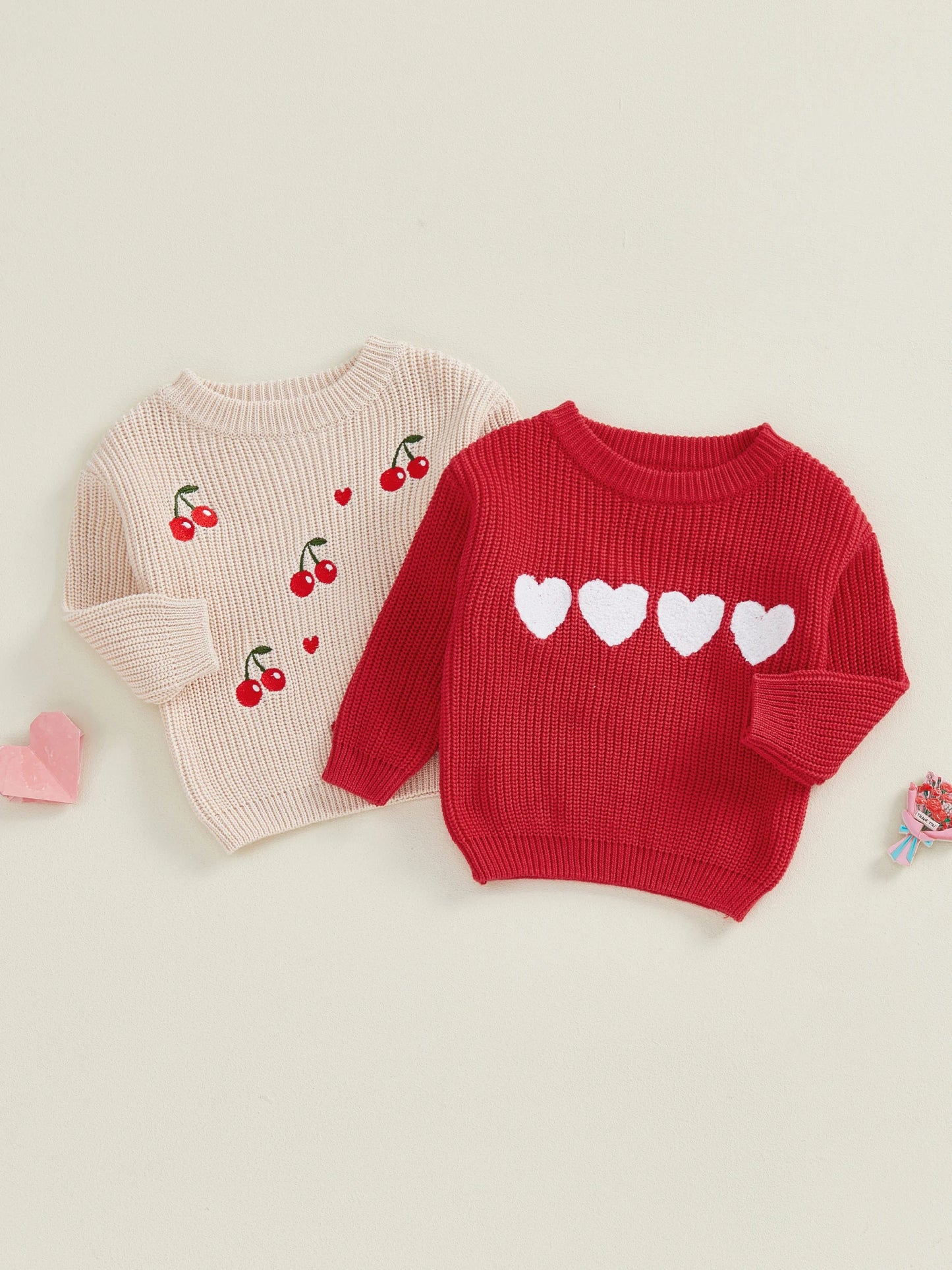 Toddler Kids Boys Girls Valentines Day Knit Sweater Fashionable Heart Cherry Embroidery Crew Neck Long Sleeve Tops