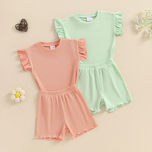 Baby Toddler Girls 2Pcs Summer Outfit Short Sleeve Lettuce Trim Top + Shorts Set