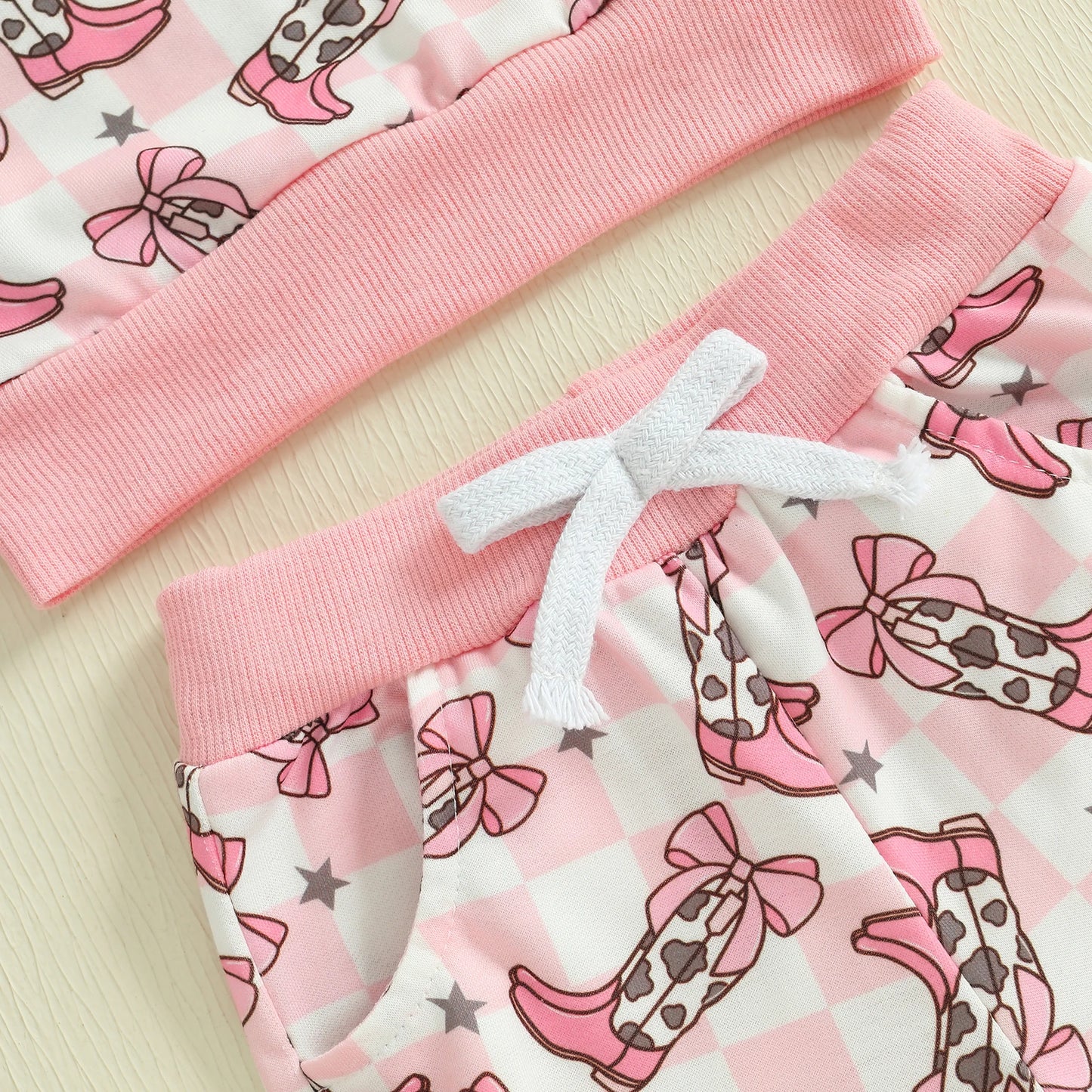 Baby Toddler Girls 2Pcs Western Outfit Boot Plaid Print Long Sleeve Top and Elastic Pants Jogger Set