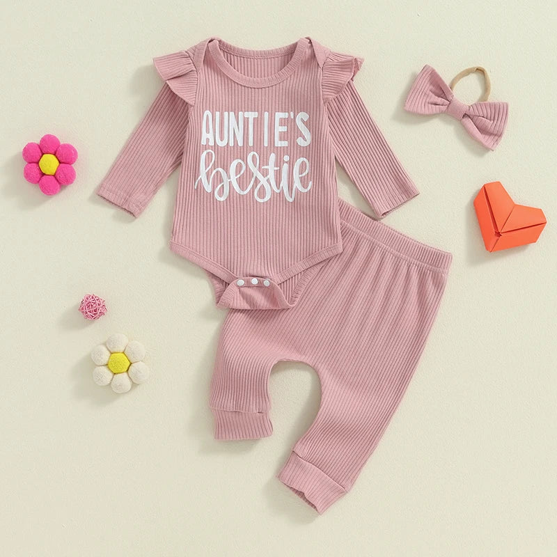 Baby Girls 3Pcs Auntie's Bestie Ribbed Letter Print Long Sleeve Round Neck Ruffled Romper Pants Hair Band Outfit Set