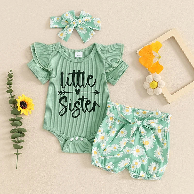 Baby Toddler Girls 3Pcs Summer Set Little Sister Letter Print Short Sleeve Romper Flower Daisy Print Shorts with Headband Outfit