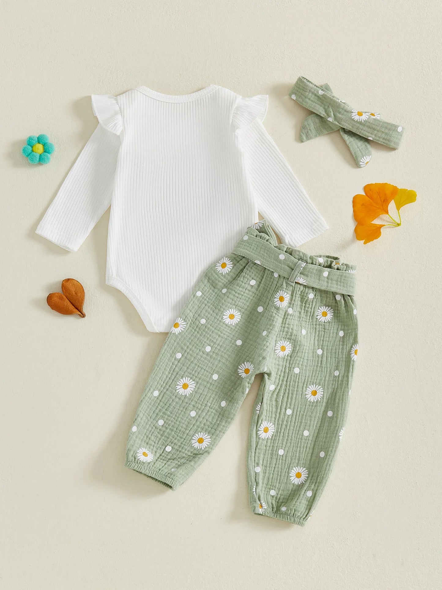 Baby Toddler Girls 3Pcs Daddy's Girl Fall Outfit Letter Embroidery Long Sleeve Romper Daisy Print Pants with Belt and Headband Set
