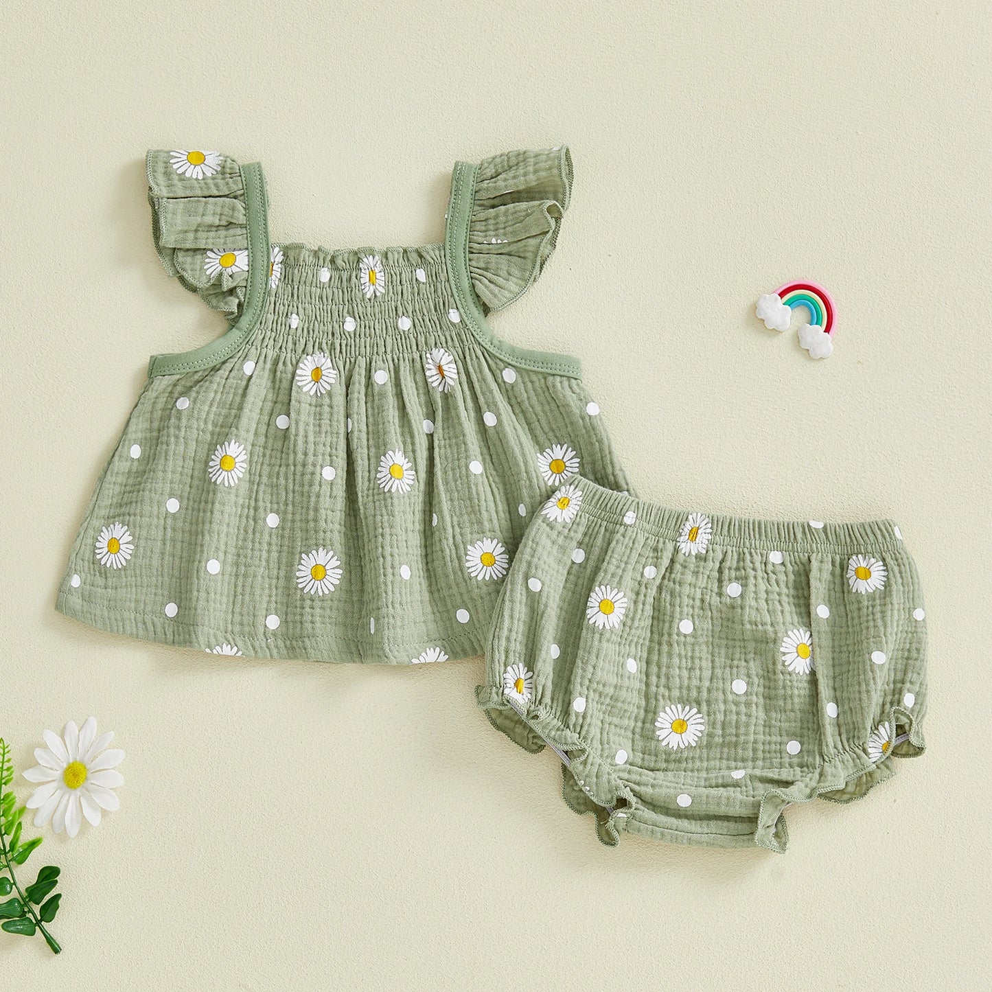 Baby Toddler Girls 2Pcs Summer Outfit Sleeveless Square Collar Daisy Print Ruffled Top and Bloomers Shorts 2 Piece Set