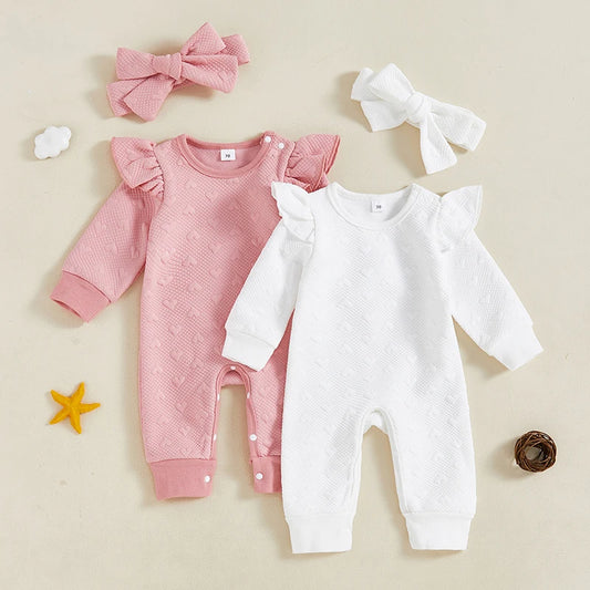 Baby Girls 2Pcs Heart Pattern Set Ruffled Trim Long Sleeve Round Neck Full Leg Romper Headband Outfit Set