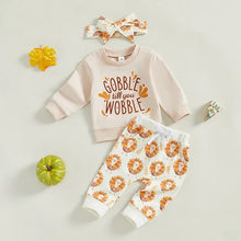 Load image into Gallery viewer, Baby Toddler Girls 3Pcs Gobble Til You Wobble Thanksgiving Outfit Letter Print Long Sleeve Top and Turkey Elastic Pants Headband Set
