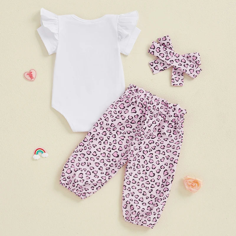 Baby Girls 3Pcs Auntie's Bestie Outfit Short Sleeve Letter Print Romper with Leopard Pattern Print Belted Pants and Headband Set