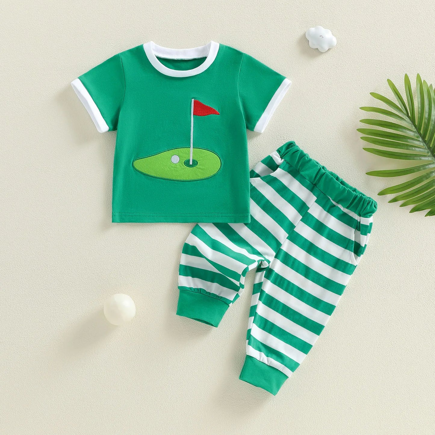 Baby Toddler Boys 2Pcs Outfit Short Sleeve Crew Neck Embroidery Golf Court T-shirt Top with Striped Pants Summer Outfit