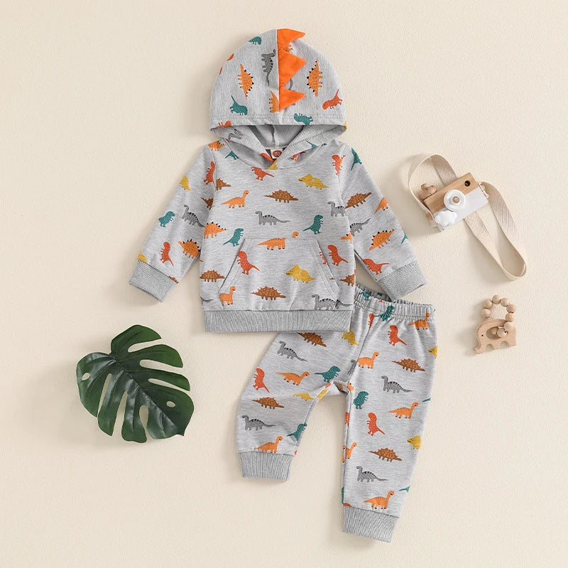 Baby Toddler Boys 2Pcs Fall Clothes Dinosaur Print Long Sleeve Hooded Top  with Elastic Waist Pants Outfit Set