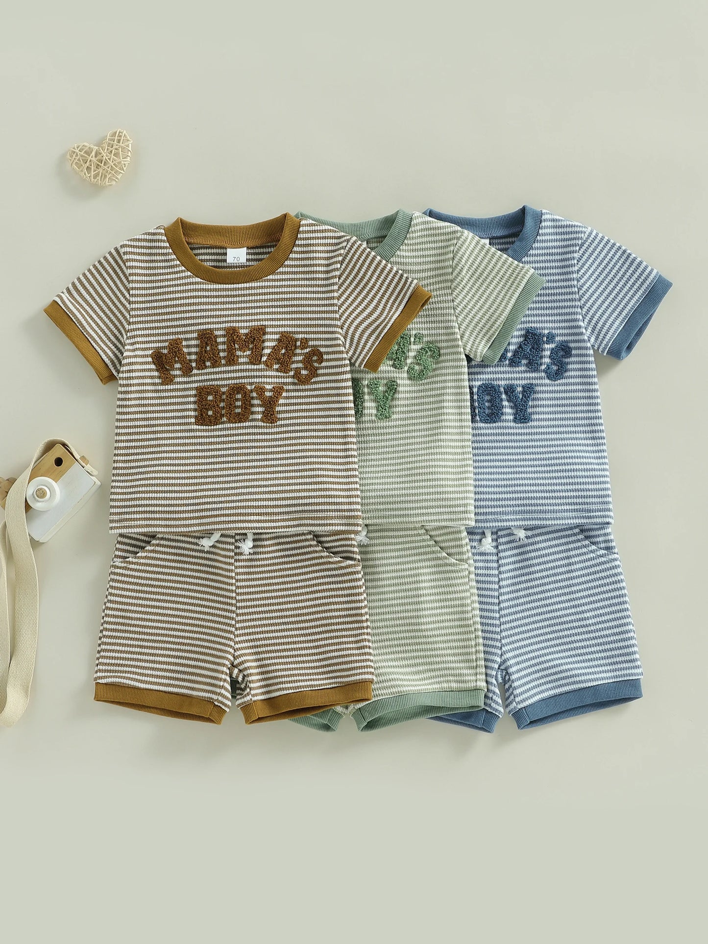 Baby Toddler Boys 2Pcs Mama's Boy Outfit Summer Short Sleeve Round Neck Letter Embroidery Striped Top and Shorts Set