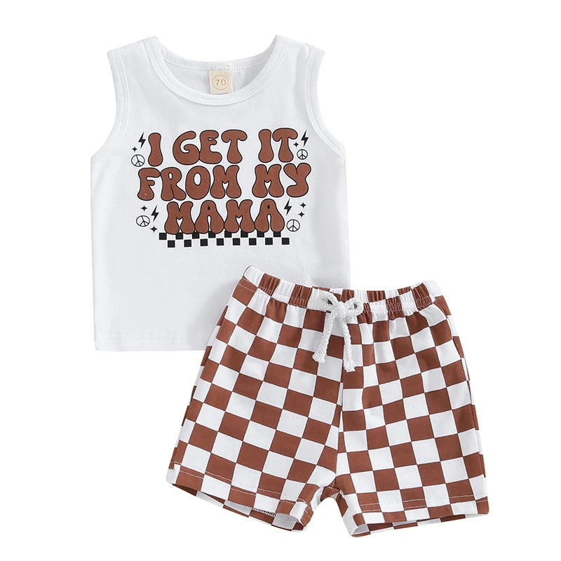 Baby Toddler Boy Girl 2Pcs Outfits I Get It From My Mama Letter Print Sleeveless Tank Top and Checkerboard Shorts Set Clothes