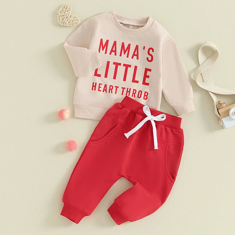 Baby Toddler Boy Girl 2Pcs Valentine's Day Outfits Long Sleeve Crewneck Mama's Little Heart Throb Letter Print Top Jogger Pants Clothes Set