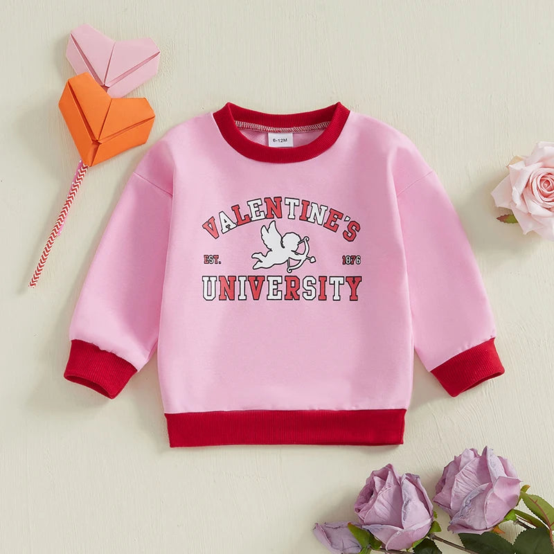 Baby Toddler Girls Valentine’s Day Long Sleeve Valentines University Cupid / I Love You Heart Letter Print Pullover Top