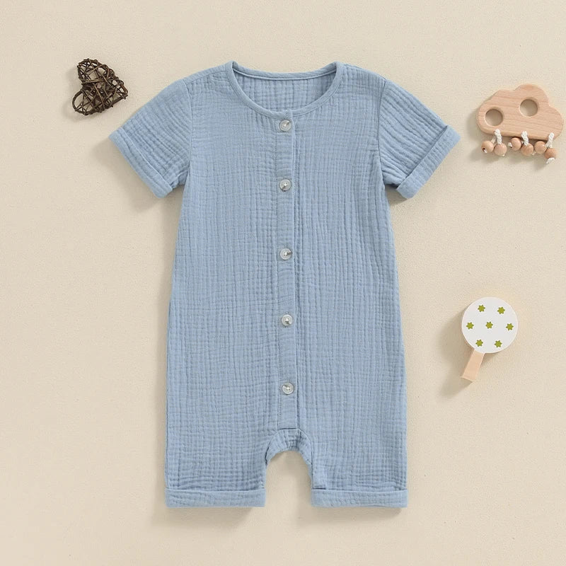 Baby Boys Girls Summer Short Sleeve Romper Solid Color Front Button Jumpsuit