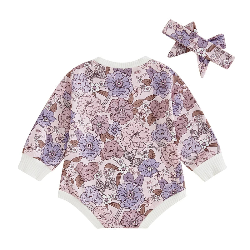 Baby Girls 2Pcs Autumn Casual Romper Long Sleeve O Neck Flower Print Romper with Headband Set