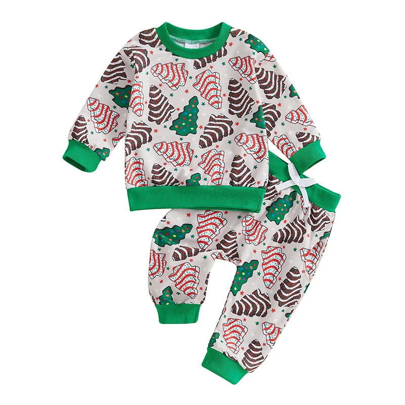 Baby Toddler Boys Girls 2Pcs Outfit Christmas Tree Print Long Sleeve Crewneck Top and Elastic Pants Jogger Set