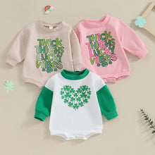 Load image into Gallery viewer, Baby Girl Boy St Patricks Day Bubble Romper Long Sleeve Clover Heart / Thick Thighs Lucky Vibes Print Bodysuit

