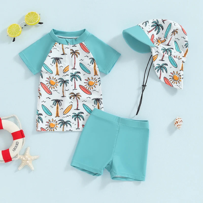 Baby Toddler Boys 3Pcs Swimsuit Palm Tree/Dinosaur Print Short Sleeve Top with Swim Trunks and Swim Cap Hat Bathing Suit Set