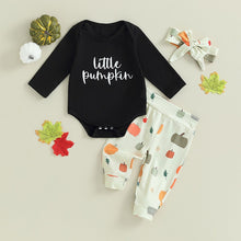 Load image into Gallery viewer, Baby Girls 3Pcs My First Halloween Outfit Little Pumpkin Prints Long Sleeves Romper Pumpkin Pants Headband
