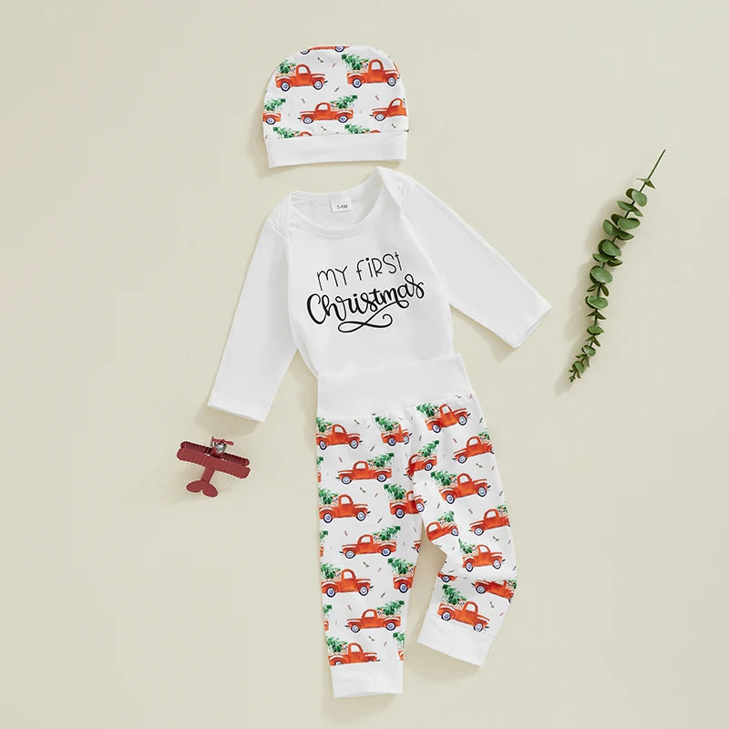 Baby Boy Girl 3Pcs My First Christmas Outfit Letter Long Sleeve Romper Elastic Waist Tree Truck Print Pants Hat Set