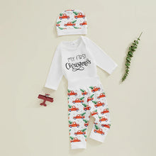 Load image into Gallery viewer, Baby Boy Girl 3Pcs My First Christmas Outfit Letter Long Sleeve Romper Elastic Waist Tree Truck Print Pants Hat Set
