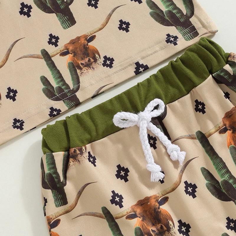 Baby Toddler Boys 2Pcs Western Outfit Short Sleeve Cactus Cattle Cow Horse Cowboy Print Top and Drawstring Shorts Set