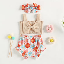 Load image into Gallery viewer, Infant Baby Girls 3Pcs Clothes Outfit Solid Ribbed Bowknot Tank Tops Floral Print Shorts Headband
