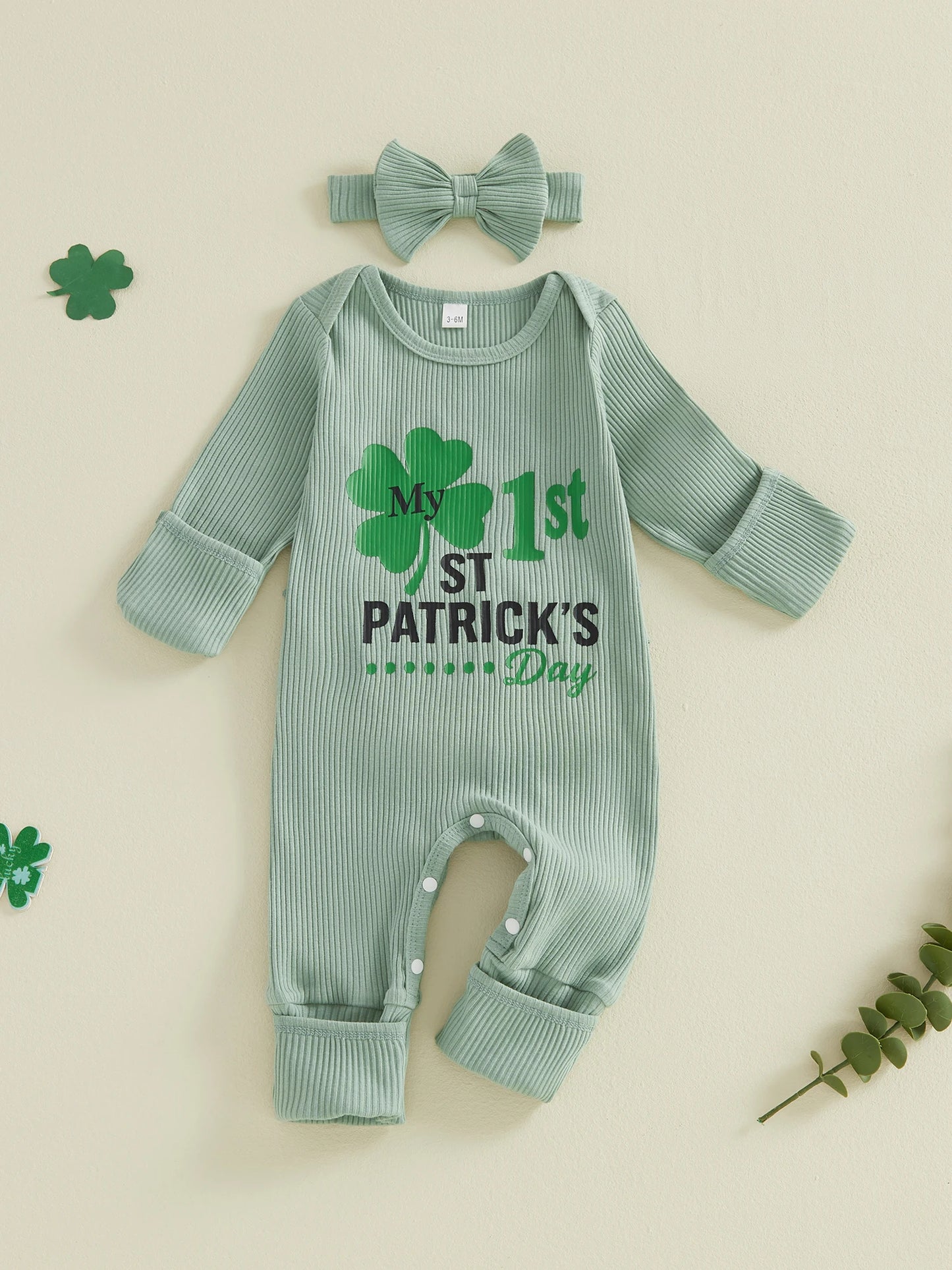 Baby Girls 2Pcs My 1st St. Patrick's Day Irish Romper Clover Letter Print Long Sleeve Round Neck Ribbed Jumpsuit with Bow Headband Set