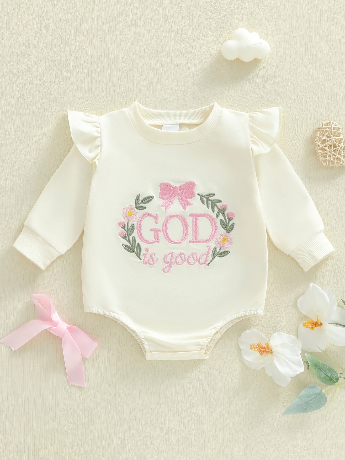 Baby Girl Autumn Casual Romper God Is Good Long Sleeve O Neck Letter Embroidery Bubble Romper