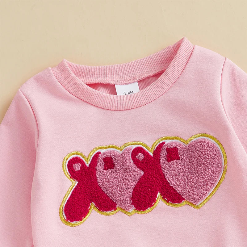 Baby Toddler Girls 2Pcs Valentine's Day Set XOXO Heart Letter Embroidered Long Sleeve Crewneck Top Heart Print Flare Pants Outfit