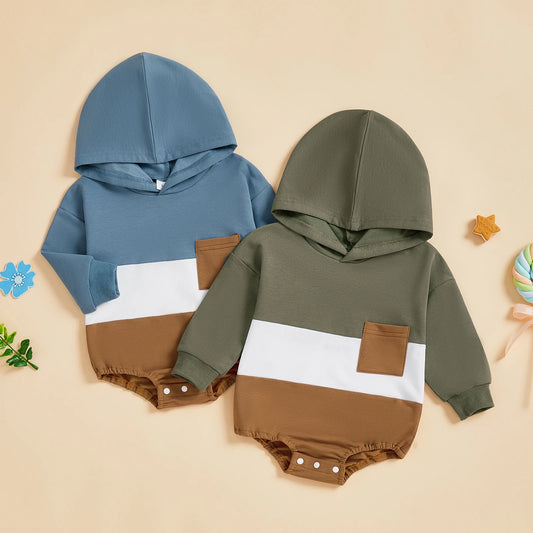 Baby Toddler Boy Autumn Hooded Romper Contrast Color Patchwork Long Sleeve Jumpsuit Cute Infant Bodysuit