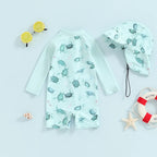 Baby Toddler Boy 2Pcs Swimwear Set Dinosaurs / Turtle / Whale Print Long Sleeve Swimsuit Sun Hat Bathing Suit Outfit Set