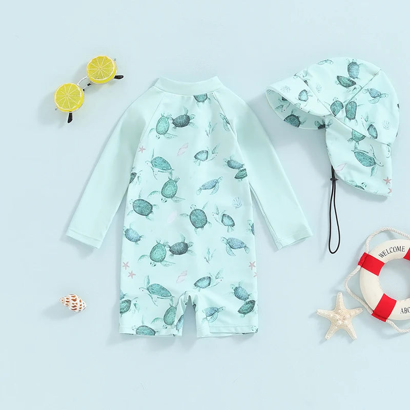 Baby Toddler Boy 2Pcs Swimwear Set Dinosaurs / Turtle / Whale Print Long Sleeve Swimsuit Sun Hat Bathing Suit Outfit Set