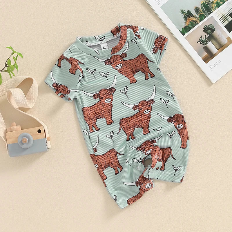 Baby Boys Girls Western Jumpsuit Short Sleeve Crew Neck Highland Cow Print Summer Casual Romper