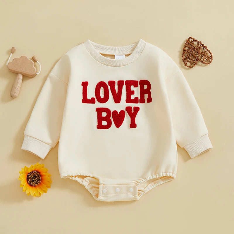 Baby Boy Bubble Romper Valentines Long Sleeve Round Neck Heart Letter Lover Boy Embroidery Bodysuit Valentine's Day