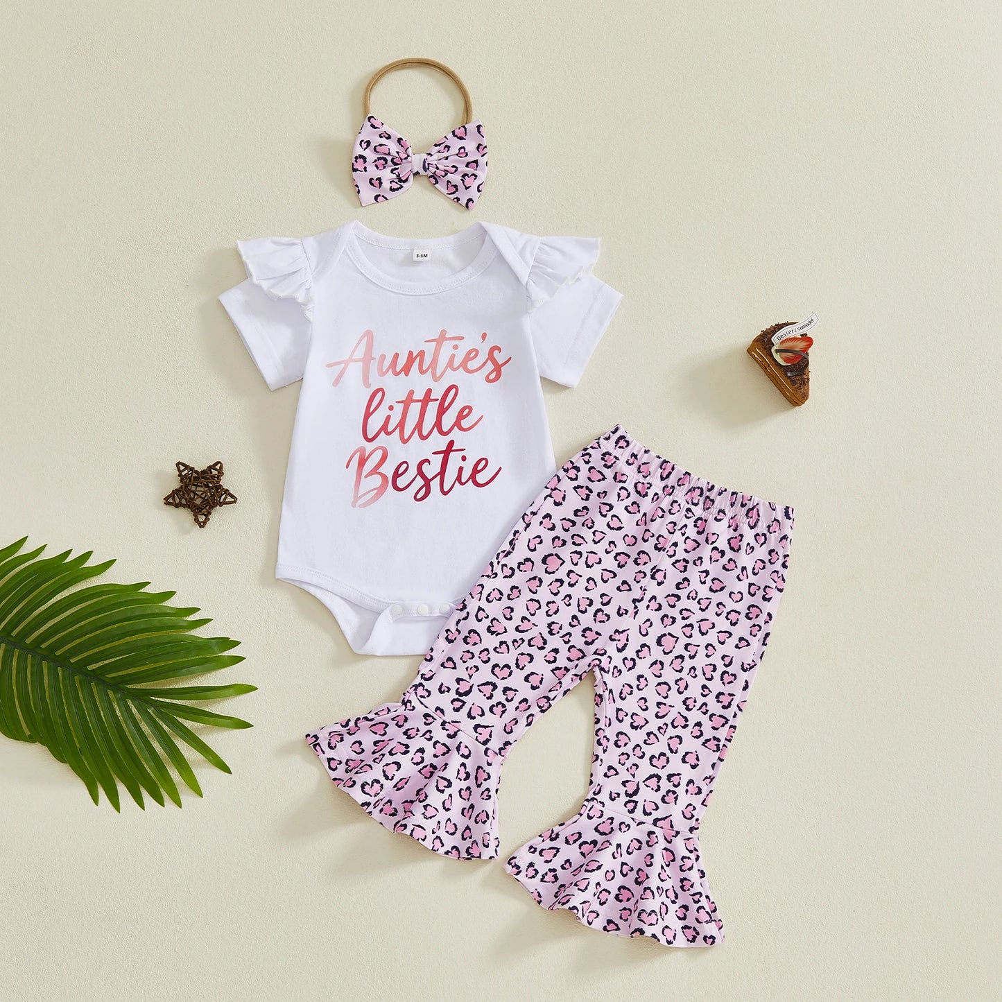 Baby Girl 3Pcs Auntie's Little Bestie Spring Outfits Letter Short Sleeve Romper with Leopard Pattern Flare Pants and Bow Headband Set