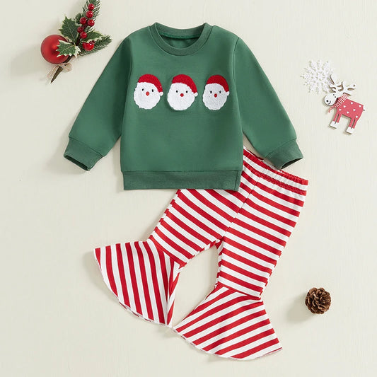 Baby Toddler Girls 2Pcs Christmas Outfit Santa Embroidery Long Sleeve Crewneck Top + Striped Flare Pants Set