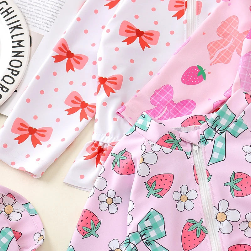 Baby Toddler Girls 2Pcs Rash Guard Swimsuit with Hat Bow Floral Print Zip Up Long Sleeve Crew Neck Swimwear Bathing Suit Set