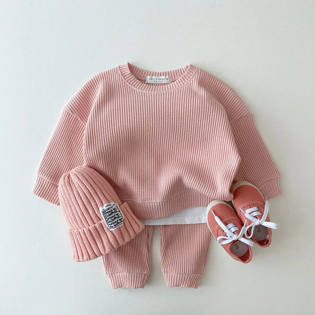 Baby Toddler Girls Boys 2Pcs Long Sleeve Waffle Crewneck Top + Pants Jogger Set Outfit