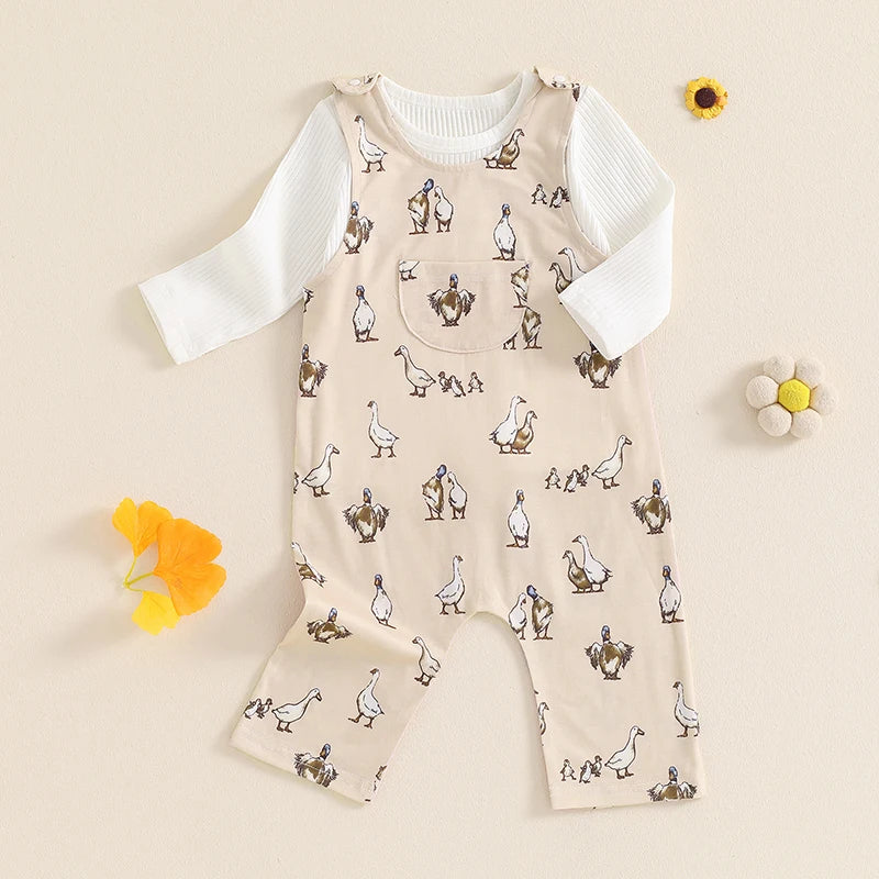 Baby Girls 2Pcs Fall Outfit Ribbed Solid Color Long Sleeve Top and Duck Print Suspender Pants Overalls Set