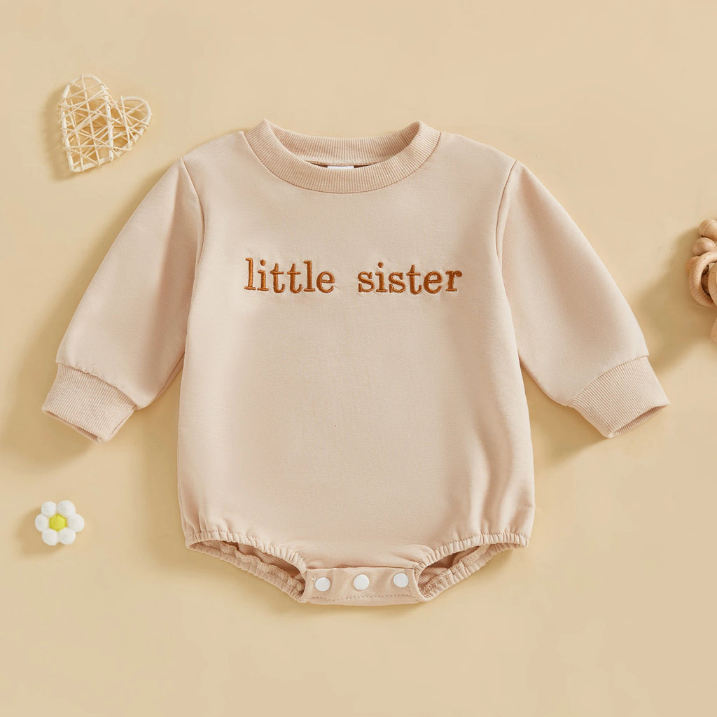 Baby Girls Boys Little Brother Sister Fall Romper Letter Embroidery Long Sleeve Round Neck Bubble Jumpsuit