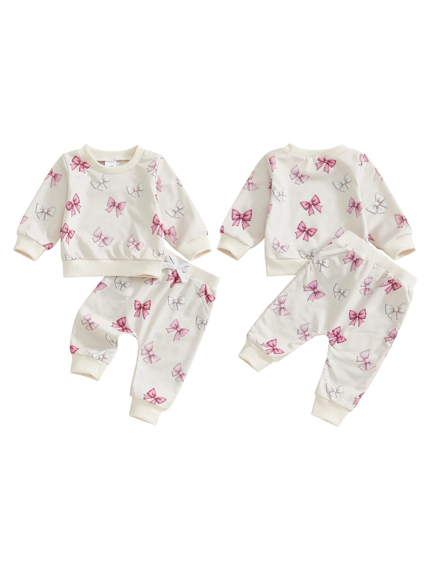 Baby Toddler Girls 2Pcs Spring Outfits Bow Print Long Sleeve Round Neck Pullover Top Elastic Waist Long Pants Jogger Set
