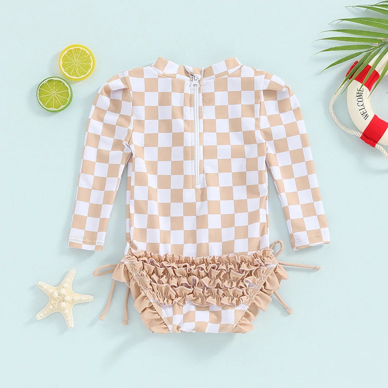 Baby Toddler Girls Beach Swimwear Long Sleeve Checkerboard Plaid Print Ruffle Romper Bathing Suit