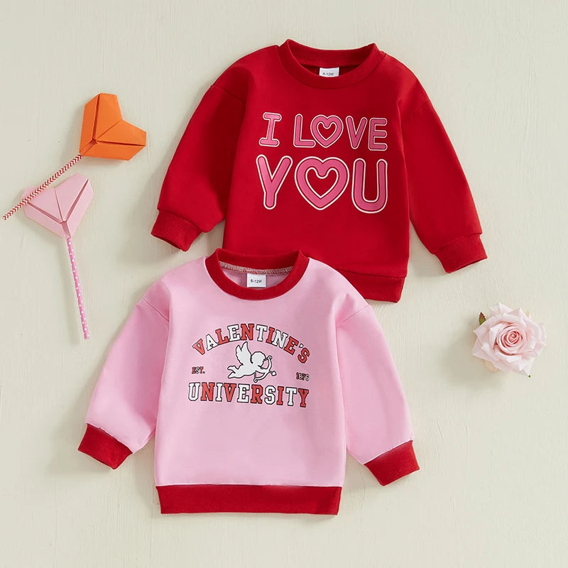 Baby Toddler Girls Valentine’s Day Long Sleeve Valentines University Cupid / I Love You Heart Letter Print Pullover Top