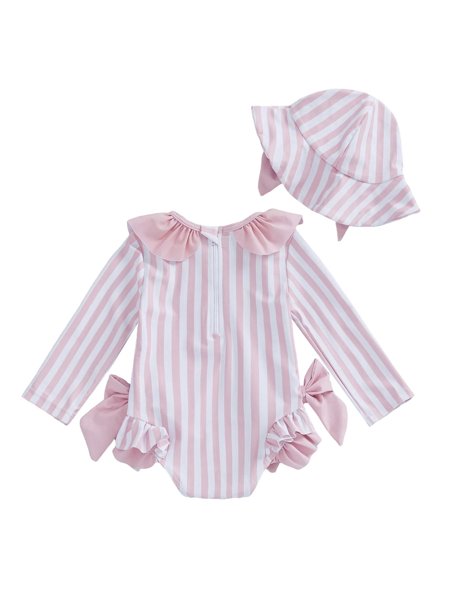 Baby Toddler Girls 3Pcs Swimsuit Ruffles Collar Long Sleeve Striped Print Bow Swimwear with Hat Set