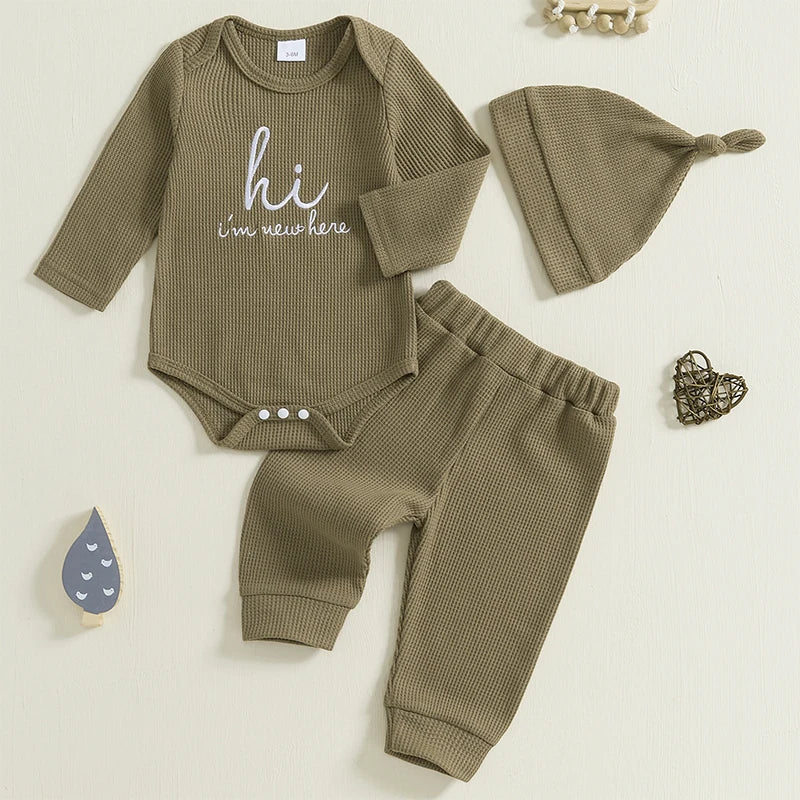 Baby Boys 3Pcs Hi I'm New Here Waffle Fall Set Letter Print Long Sleeve Round Neck Romper Long Pants Hat Outfit